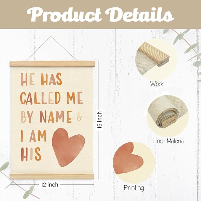 PLKMN Christian Nursery Wall Decor, He Has Called Me by Name Wall Art with Wooden Poster Hanger, Boho Heart Christian Wall Decor for Nursery Kids Room Sunday School Preschool Classroom, 12x16 Inch