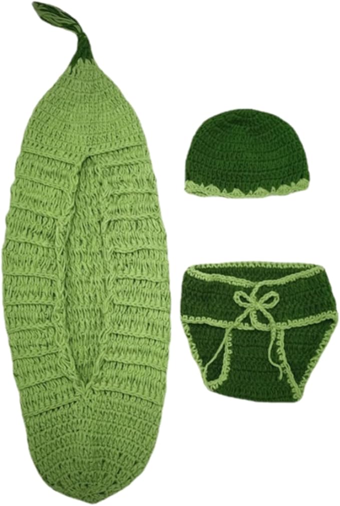 3Pcs Baby Photo Shoots Costume Set Green Bean Shaped Sleep Bag With Hat And Diaper Shorts For Newborns 0-3 Months Infant