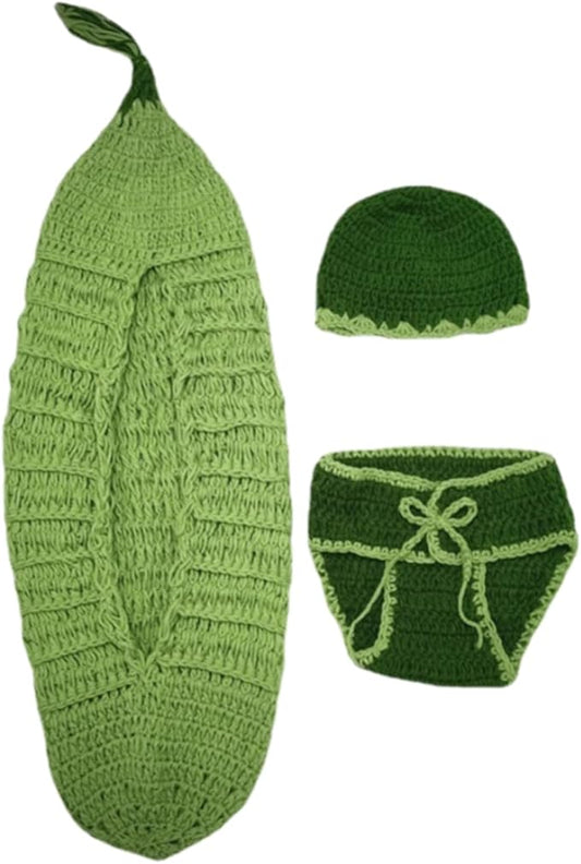 3Pcs Baby Photo Shoots Costume Set Green Bean Shaped Sleep Bag With Hat And Diaper Shorts For Newborns 0-3 Months Infant