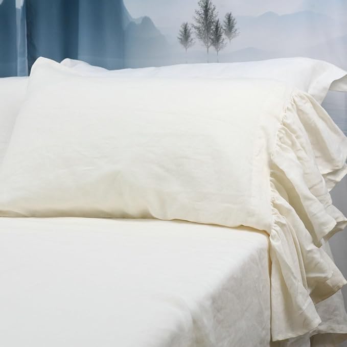 Ruffles Linen Pillowcase. Pure Flax Pillow Sham 100% French Linen Ruffled Pillow Cover, Standard, Queen, King Size 1 PCS (Twin, Ivory)