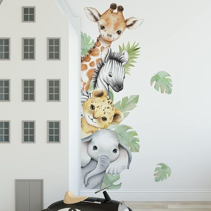44.88 x 11.75 Inch Watercolor Jungle Animal Wall Decals - Forest Safari Elephant Lion Monkey Stickers for Baby Nursery, Playroom, Bedroom, Classroom, Kindergarten Decor