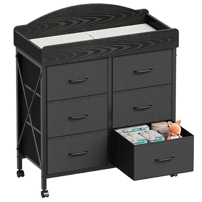 Baby Changing Table Dresser with Wheels, 6-Fabric Drawer Baby Dresser with Changing Table Top, Waterproof Diaper Changing Station & Pad, Mobile Storage Unit, Compact Baby Furniture, Black