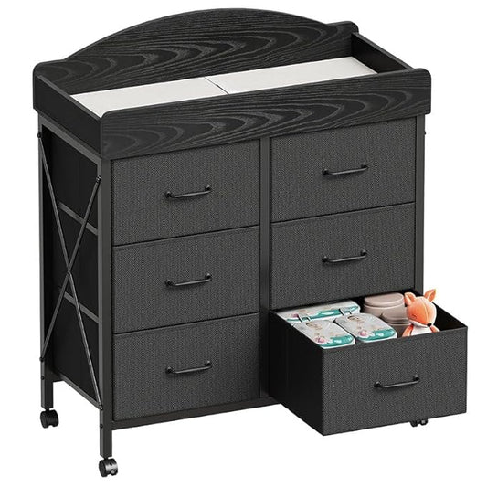 Baby Changing Table Dresser with Wheels, 6-Fabric Drawer Baby Dresser with Changing Table Top, Waterproof Diaper Changing Station & Pad, Mobile Storage Unit, Compact Baby Furniture, Black