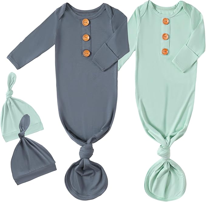 OPAWO Knotted Gown Baby Newborn Sleepers Baby Boy Coming Home Outfit, Bamboo Viscose Baby Gowns with Mitten Cuffs and Hat Set
