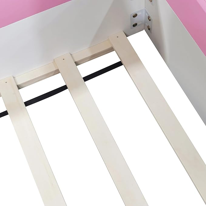 Merax Upholstered Kids' Daybed, Daybed Frame with Fence and Stairs, No Box Spring Needed, Twin Size, Pink+White