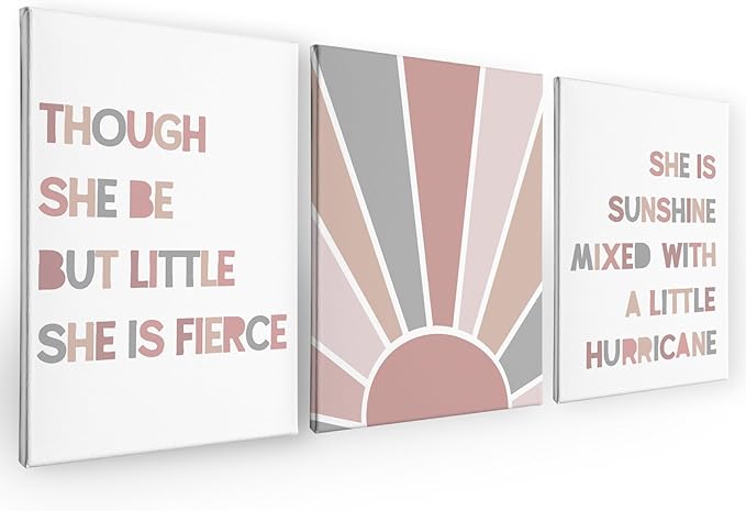 PHAMTE Nursery Boho Girls Bedroom Wall Art Decor Set of 3, She is Sunshine Mixed with a Little Hurricane Sunshine Sun Print Framed Canvas Painting Artwork for Room Bedroom Home Playroom(11x14 Inch)