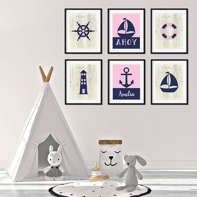 Andaz Press Personalized Girls Ocean Nautical Sailor Theme Nursery Kids Bedroom Hanging Wall Art Decor, 8.5x11-inch, Pink Navy Blue, Ahoy, Boat, 6-Pack, Custom Name Unframed Poster
