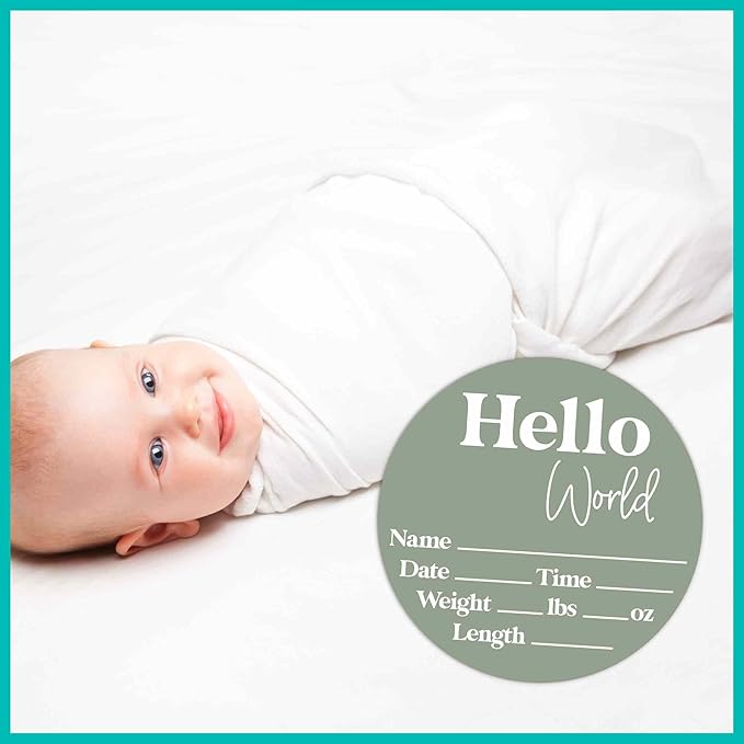 Hello World Newborn Sign - Baby Name Birth Announcement Plaque for Hospital - Photo Prop - Sage Green Nursery Decor - Shower Gift