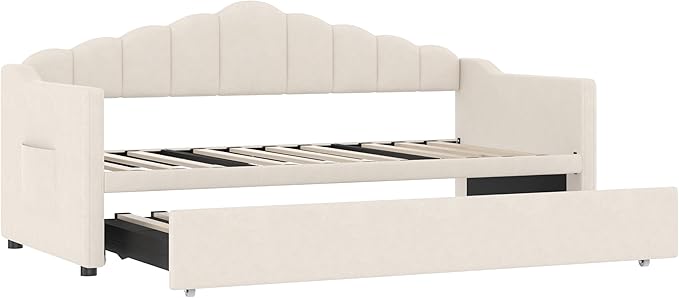 SOFTSEA Twin Daybed with Pop Up Trundle, Extendable Corner Day Bed with USB Ports, Velvet Tufted Sofa Bed Frame with Curved Backrest for Bedroom, Living Room, Beige