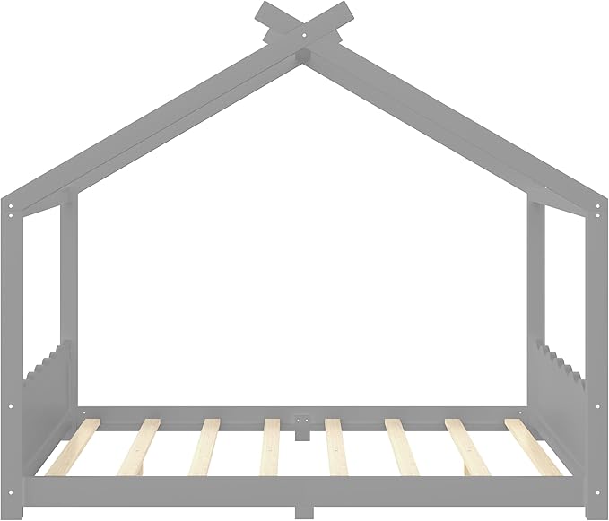 Queen Size Wooden House Floor Bed - Kids Bed Frame with Roof & Support Slats for Bedroom, No Box Spring Needed, Easy Assembly (Grey)
