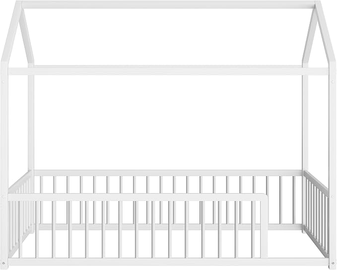 Twin Size Metal Floor Bed Frame,House Shaped Bed with Fence for Kids and Toddlers,Easy Assemble, No Slats,White