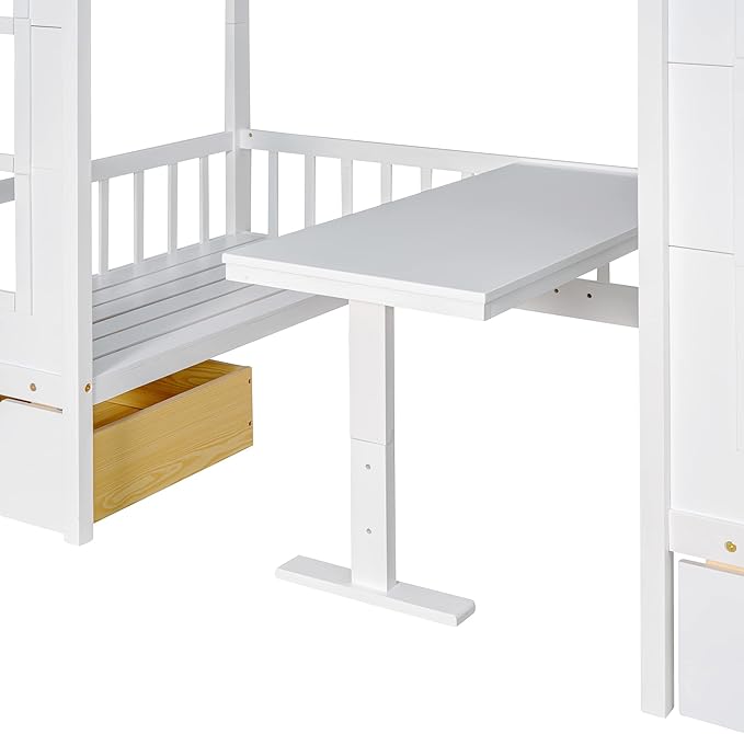 Playhouse Twin Size Loft Bed with Storage Staircase, Solid Wood Bunk Bed Frame with Guardrail for Kids Teens Boys Girls, Down Bed Convertible to Seats and Table Set (White-C)