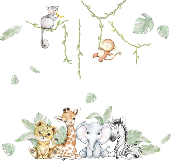 59.05x53.14 Inch Woodland Animals Wall Decals Forest Animal Wall Decal Elephant Zebra Monkey Giraffe Nursery Decor for Home Baby Room Decorations Boys Girls Bedroom