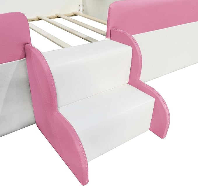 Merax Upholstered Kids' Daybed, Daybed Frame with Fence and Stairs, No Box Spring Needed, Queen Size, Pink+White
