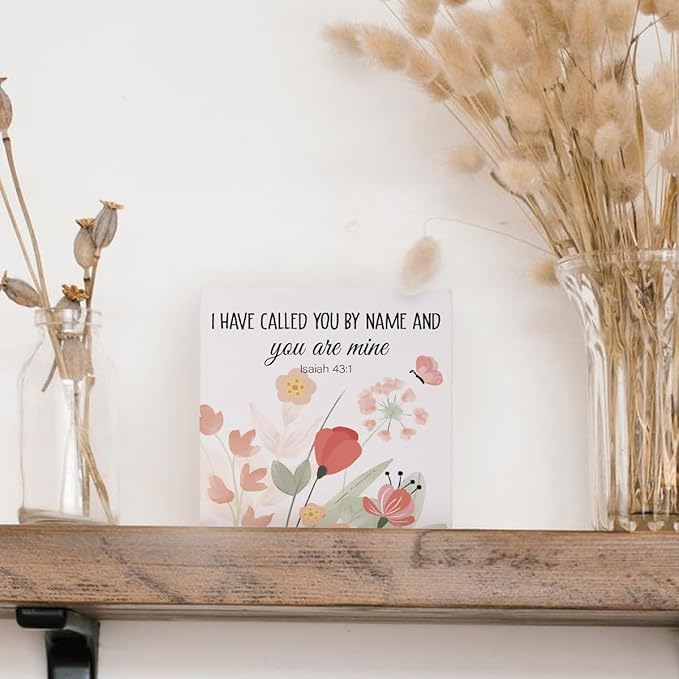 Bible Verse Boho Watercolor Wooden Box Block Sign, Christian Religious Gift, I Have Called You by Name, You Are Mine, Inspirational Nursery Home Desk Shelf Decor, 5x5