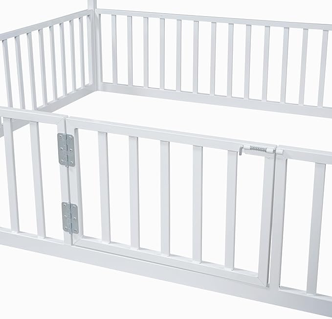 Bellemave Twin Size Kids House Bed - Metal Montessori Floor Bed with Fence and Door, White