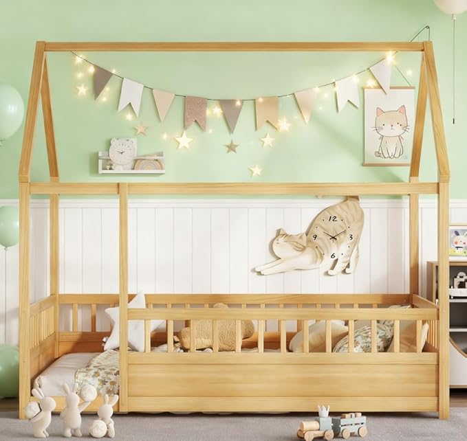 Bellemave Full House Bed for Kids, Wooden Kids bedframe with Rails and Storage, Montessori Floor beds with high guardrail Without slats, Natural