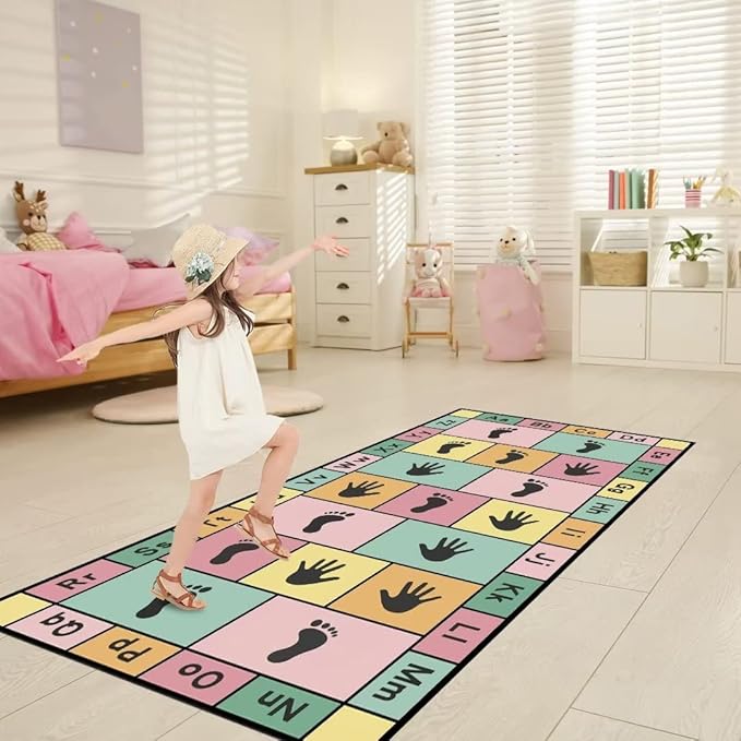 Hopscotch Play Rugs Kids, ABC Alphabet Education Carpet, Playroom Bedroom Living Room Decor Learning mat (Pink,31x63 in)
