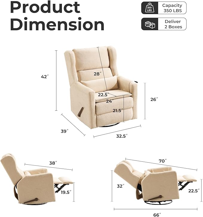 Swivel Rocker Recliner Chair,Comfy Glider Rocker Recliner with Adjustable Headrest,Rocking Chair Nursery for Living Room & Bedroom,Chenille,Beige
