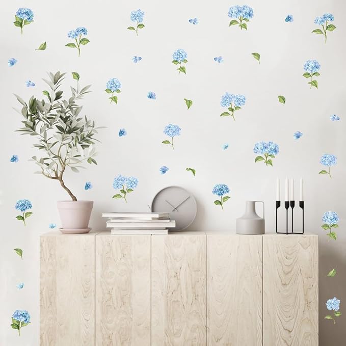 Watercolor Blue Hydrangea Wall Stickers, Blossom Floral Vinyl Wall Decals, Removable Flower with Green Leaves DIY Wall Art for Bedroom Living Room Decor