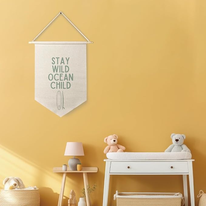 Qpenm Ocean Nursery Decor, Stay Wild Ocean Child Wall Hanging Canvas Banner, Coastal Nautical Surfing Hanging Pennant Flag Posters Prints for Kids Room Nursery Classroom Playroom Decor
