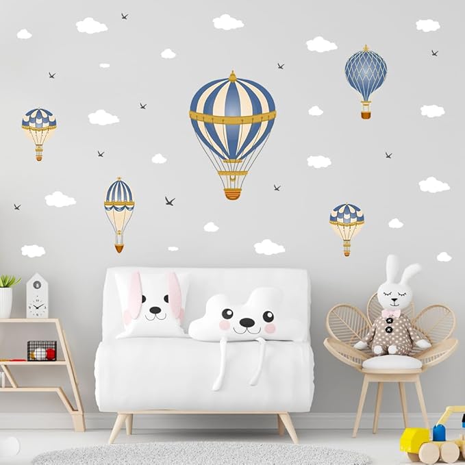 3D Hot Air Balloon Wall Decals Cute Clouds and Seagulls Wall Stickers Kindergarten Baby Room Art Wall Stickers Removable PVC Self-Adhesive Wallpaper Nursery Classroom Playroom Bedroom Wall Art Decor