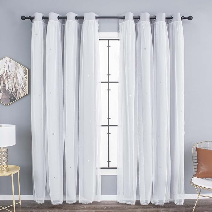 Kinryb Kids Curtains for Bedroom/Living Room/Classroom, Sheer Overlay Extra Long,2 Free Tiebacks, Double Layer Curtains with Star Cutout for Kids Room(W 52 x L 108 Inches,Greyish White 2 Pcs)