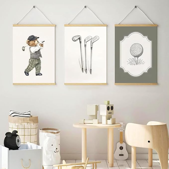 Mynotix Golf Nursery Canvas Poster Set of 6, Vintage Baby Boy Golf Sport Wall Art Teddy Bear Sage Green Kids Wall Decor Print for Living Room Bedroom Children's Room Unframed 8x10 inch