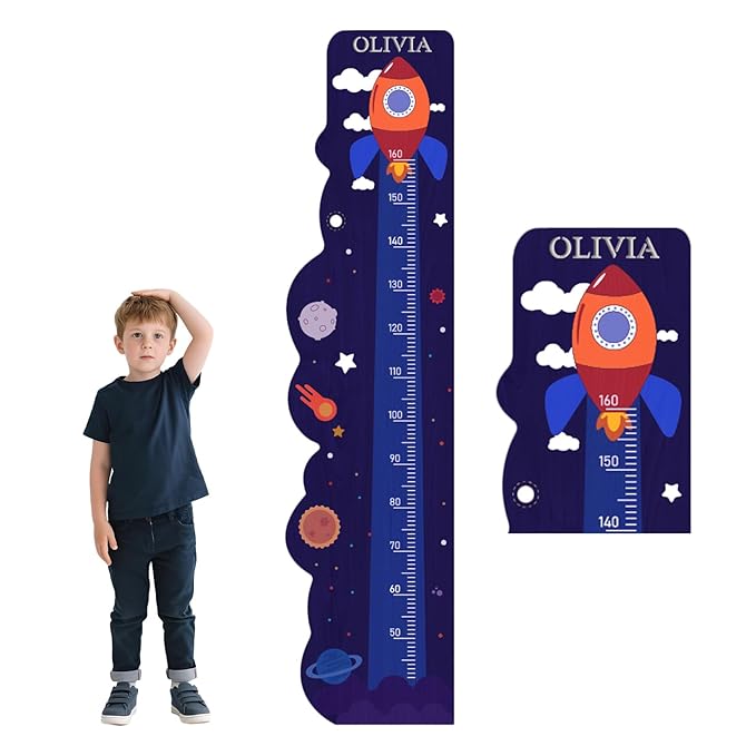 Personalized Wooden Rocket Ship Growth Chart Height Ruler,Custom Name Height Measurement Toddler Boys Girls,Nursery Wall Decor Baby Room,Kids Height Wall Chart,Height Measurement Children