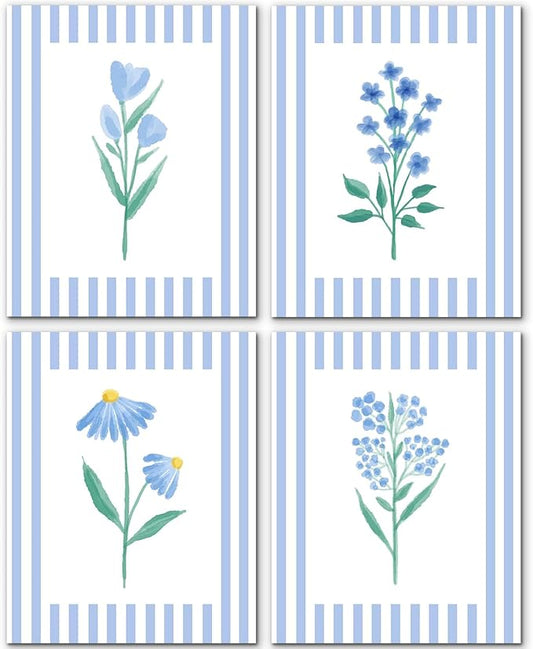 JINYO Rustic Blue and White Striped Floral Wall Art Prints Set of 4, Floral Room Decor, Retro Cottagecore Botanical Flower Posters Pictures Wall Decor for Home Bedroom, 8x10 Unframed