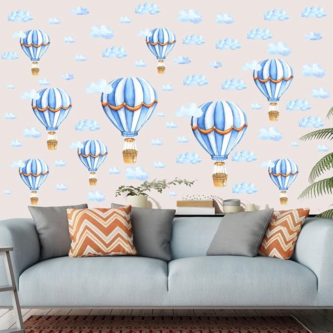 Large Hot Air Balloon Peel and Stick Removable Wall Decals - Blue Clouds Vinyl Stickers, Self-Adhesive Kids Room Art Murals Decor for Baby Nursery, Bedroom, Playroom Decoration