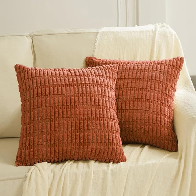 Fancy Homi 2 Packs Fall Burnt Orange Decorative Throw Pillow Covers 14x14 Inch for Living Room Couch Bed Sofa, Soft Striped Corduroy Square Cushion Case 35x35 cm, Rustic Farmhouse Boho Home Decor