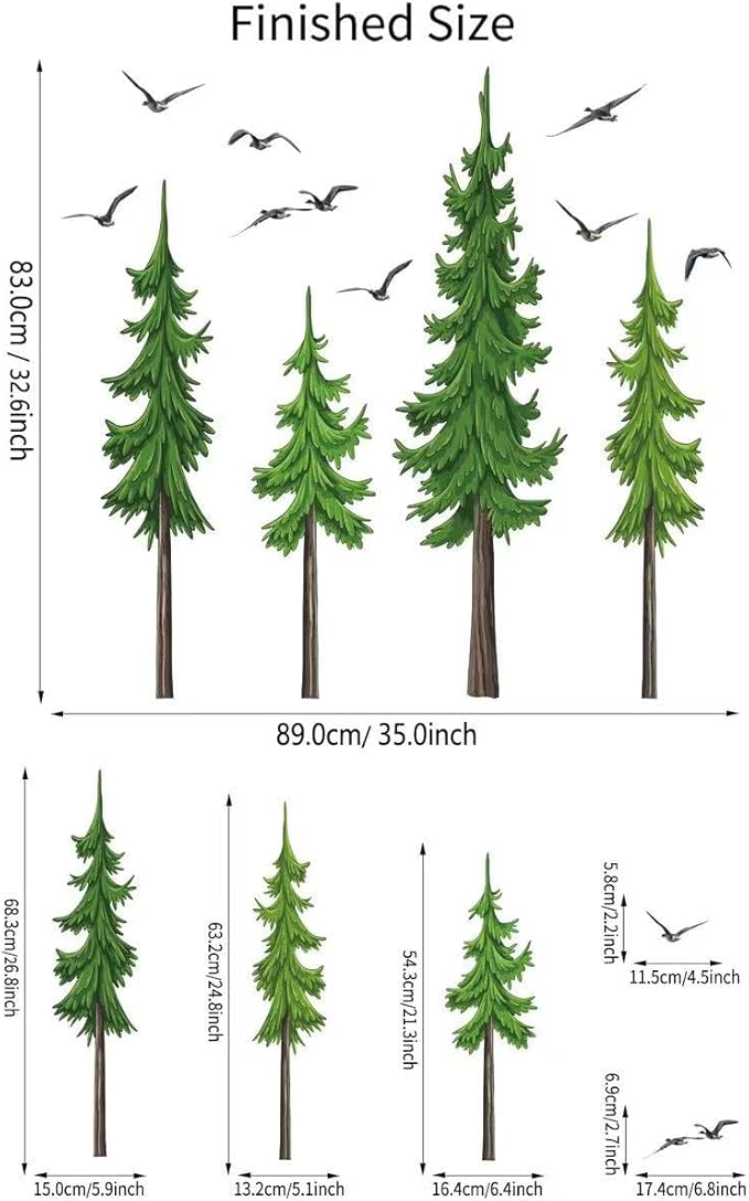 Watercolor Pine Tree Wall Stickers Christmas Woodland Wall Decals Large Peel and Stick Forest Wall Sticker Woodland Branch Birds Wall Decor for Nursery Bedroom Living Room