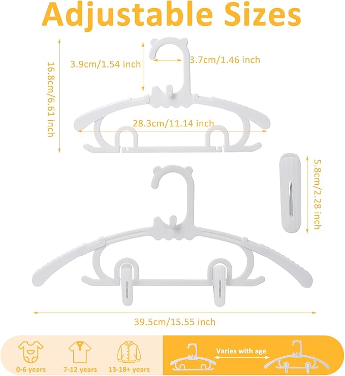 80 Pack Baby Clothes Hangers with 32 Clips, 11-15 inch Adjustable Kid Hanger, Multifunctional Children Hanger for Girl Boy Toddler Kids Child(White)