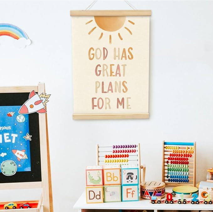 PLKMN Christian Nursery Wall Decor, God Has Great Plans for Me Wall Art with Wooden Poster Hanger, Boho Sun Christian Wall Decor for Nursery Kids Room Sunday School Preschool Classroom, 12x16 Inch