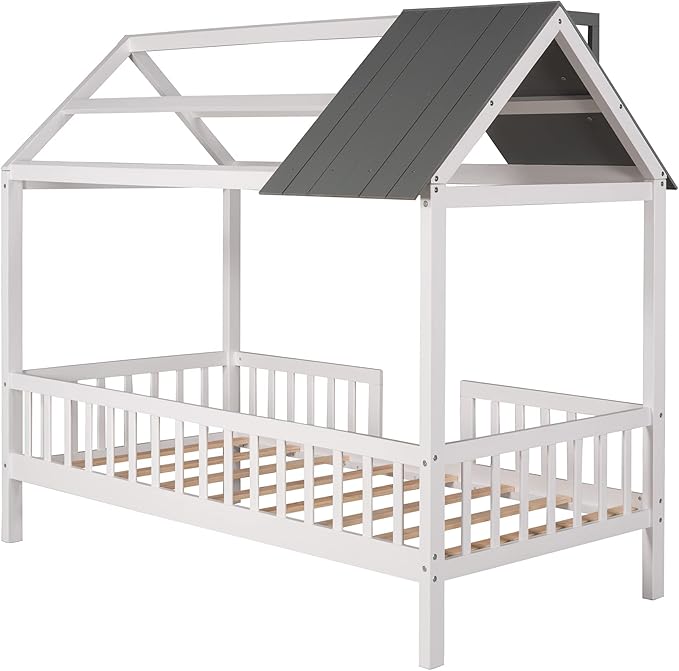 Merax Twin House Bed for Kids,Wood Twin Bed Frame House-Shaped Bed Platform Bed Frame with Roof Windows and Full-Length Safety Rails White+Grey