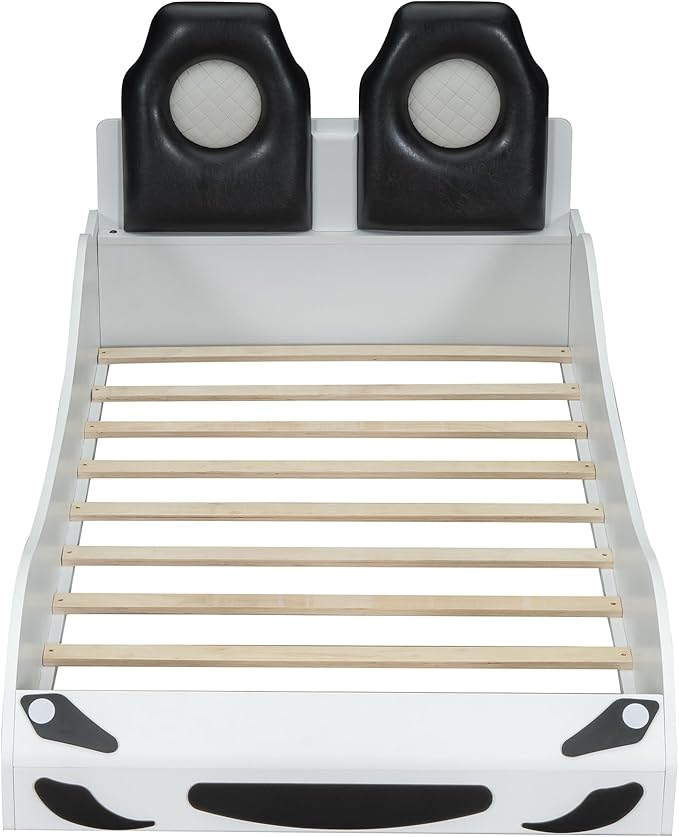 Harper & Bright Designs Wood Twin Size Race Car-Shaped Platform Bed with LED and Upholstered Backrest, White
