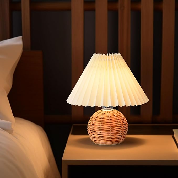 KUNJOULAM Pleated Table Lamp, Modern Bedside Nightstand Lamp with Beige Lampshade Rattan Metal Base, Desk Light for Bedroom Living Room Home Office Decor with E12 Bulb