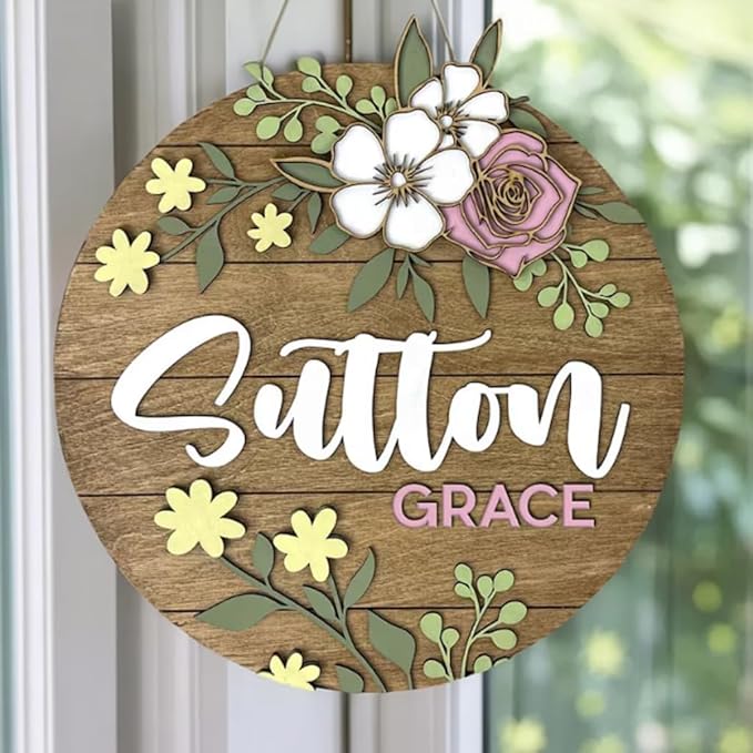 Custom Plaque with Engraved Name and Flowers – Personalized Wooden Name Signs for Nursery with Flowers, Baby Girl's Custom Name Sign Flower Room Decor, Gift for Newborn