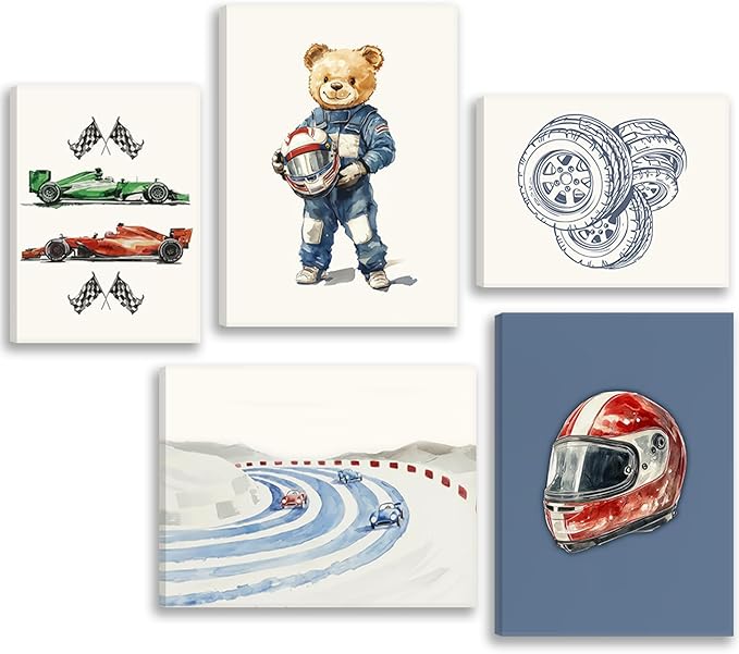 Vintage Racing Car Nursery Wall Art Teddy Bear Pictures Wall Decor Boy Navy Blue Vehicle Posters Retro Sport Painting Canvas Print Artwork for Kids Boy Room Playroom, Framed