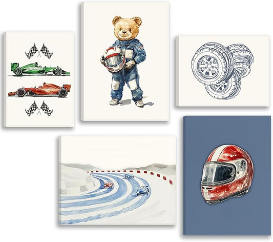 Vintage Racing Car Nursery Wall Art Teddy Bear Pictures Wall Decor Boy Navy Blue Vehicle Posters Retro Sport Painting Canvas Print Artwork for Kids Boy Room Playroom, Framed