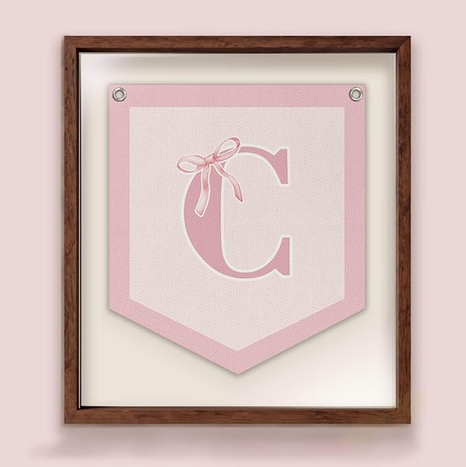 Lacama Initial Personalized Preppy Banner, Baby Girl Nursery Shower Decor Gifts, Coquette Pink Bow Teen Girl Gifts, Vintage Room Decor Toddler Room Bedroom Playroom Front Door Birthday Gift(C)