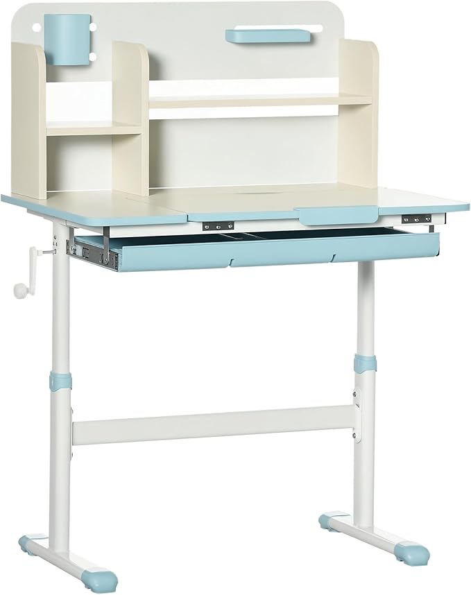 Qaba Wooden Kids Study Desk, Height Adjustable Children School Study Table, Student Writing Desk with Tilt Desktop, Drawer, Storage Shelf, Pen Holder, Blue