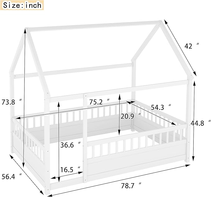 Full Size House Bed with High Fence for Kids,Full Floor Bed Frame, Kids Montessori Bed Full Size,Solid Wood House Bed Frame for Boys,Girls,White