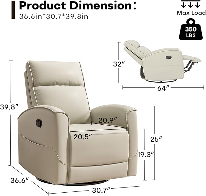 Swivel Rocker Recliner Chair, Manual Faux Leather Glider Rocking Recliners for Adults, 360° Swivel Nursery Reclining Sofa with Storage Pocket