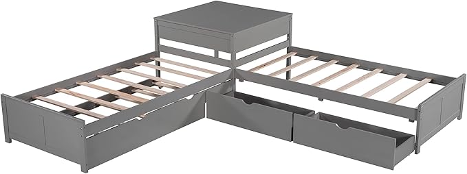 Harper & Bright Designs L-Shaped Platform Bed Frame with Trundle and Drawers Linked with Built-in Desk for Kids Boys Girls, Twin, Gray