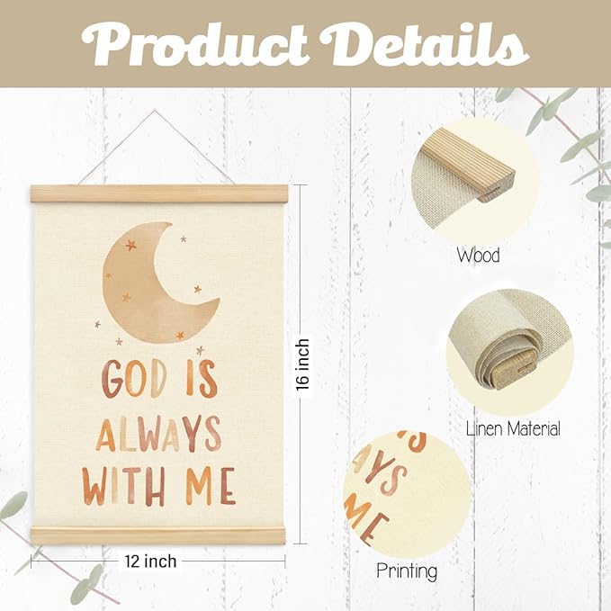 PLKMN Christian Nursery Wall Decor, God is Always with Me Wall Art with Wooden Poster Hanger, Boho Moon Christian Wall Decor for Nursery Kids Room Sunday School Preschool Classroom, 12x16 Inch