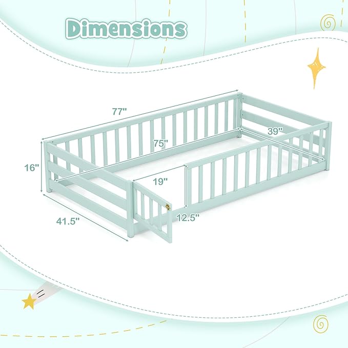 KOMFOTT Twin Size Wood Floor Bed with Door & Fence, Montessori Bed Frame with Full Length Safety Guardrails, Door & Latch, Wooden Montessori Floor Bed for Kids, Girls, Boys (Twin,Light Green)