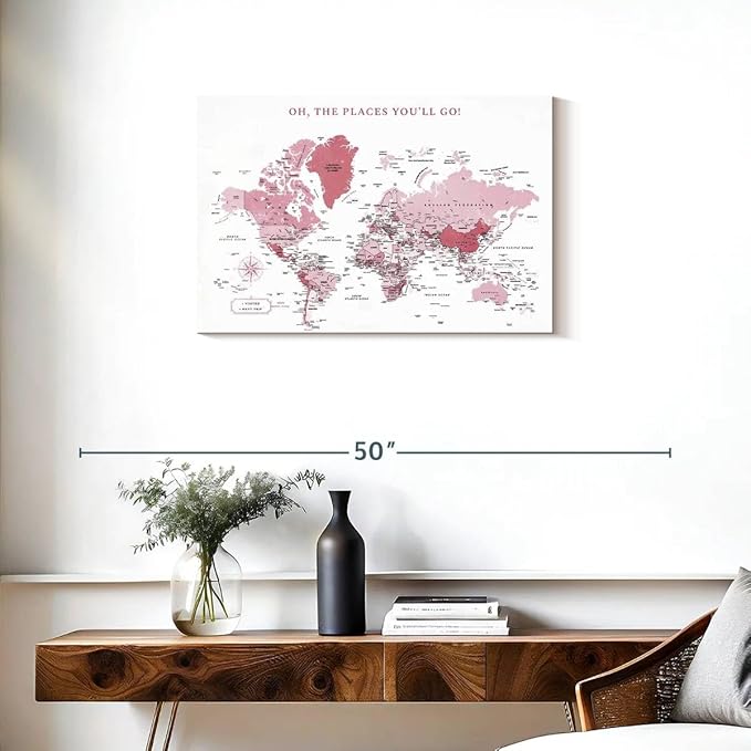 ElephantStock - Places You'll Go Push Pin World Map Wall Art - Horizontal Canvas Wall Art - Living Room Wall Decor - Digital Art Map Canvas Art - White And Pink Decor - 30" x 20"