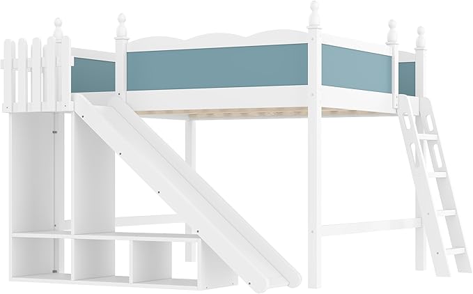 SOFTSEA Queen Size Loft Bed with Slide, Kids Loft Bed with Open Shelves and Cabinet, Playhouse Bed Frame with Detachable Slide and Ladder for Kids Boys, Blue + White
